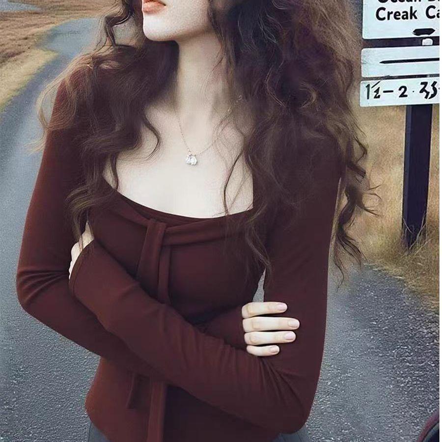 

Brushed Fleece Lined Tie-Up Square Neck Long Sleeve Slimming Autumn/Winter Top L (107-120 cm)