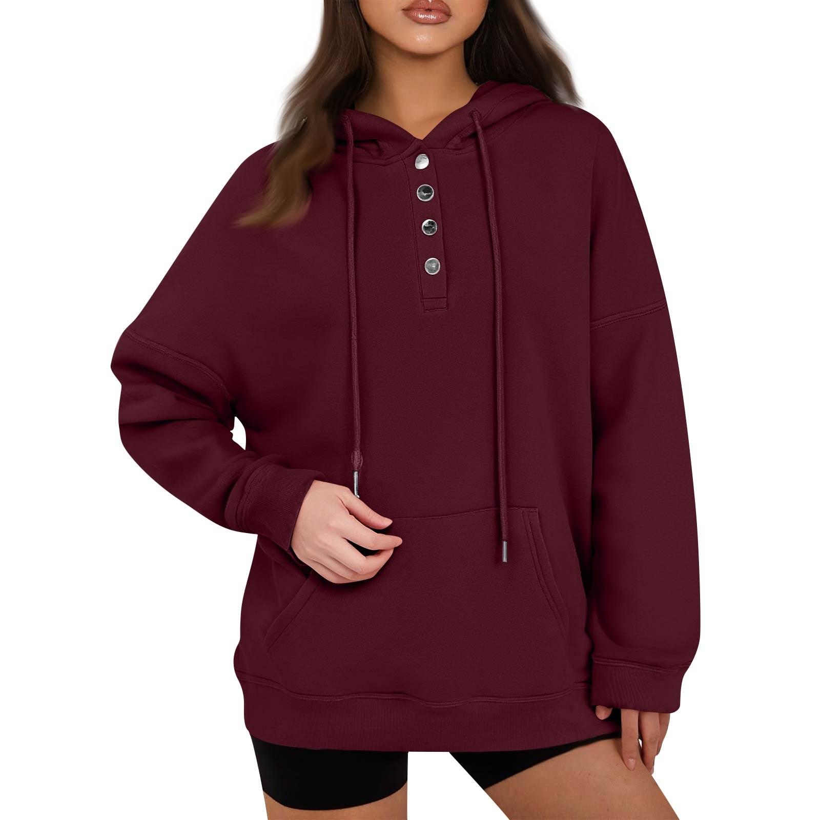 

Женские пуловеры с капюшоном Топы Повседневные толстовки на пуговицах с длинным рукавом и карманом M