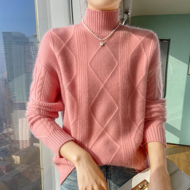 100% Pure Wool Women's Diamond Pattern Half-High Neck Sweater