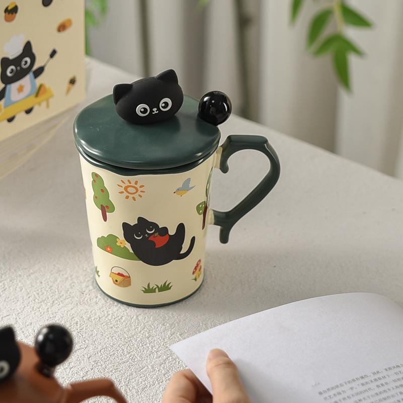 Niedliche Katze Keramiktasse Becher mit Deckel und Löffel für Mädchen mit hochwertigem Design Nische Büro Wasserbecher