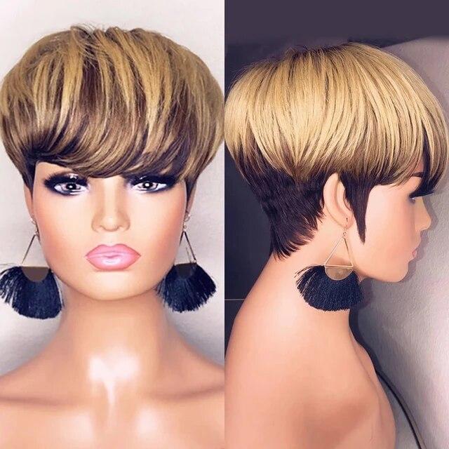 Pelucas cortas de pelo Bob cortadas, pelo liso peruano, hechas a máquina,  pelucas baratas con flequillo para mujeres