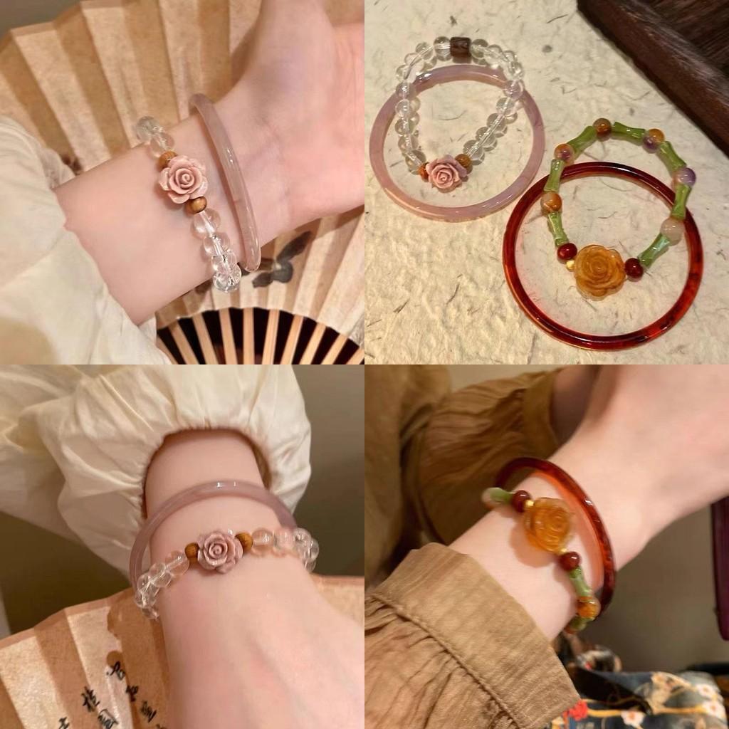 Chinese Elegant New Style Rose Flower Glass Beaded Bracelet For Women Handcrafted Vintage Jewelry Luxury