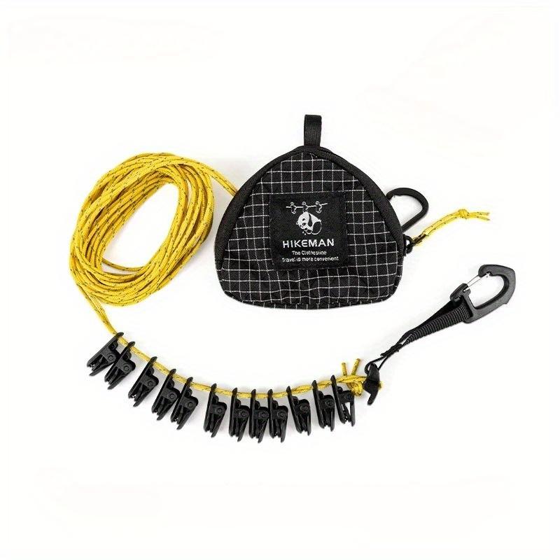 

1 шт. Портативная уличная бельевая веревка с сумкой для хранения и прищепками. Регулируемый подвесной трос 3,5-7 м. Ветрозащитная походная бельевая веревка. Аксессуары для кемпинга. чёрный