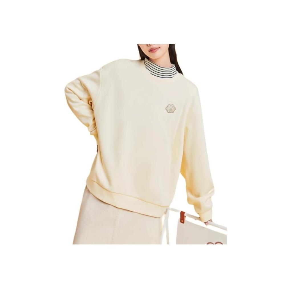 Anta Good Luck Meow Series Fleece Loose Embroidered Warm Casual Pullover Sweatshirt Women Sweatshirt Light-Gray Yellow 962348703-1