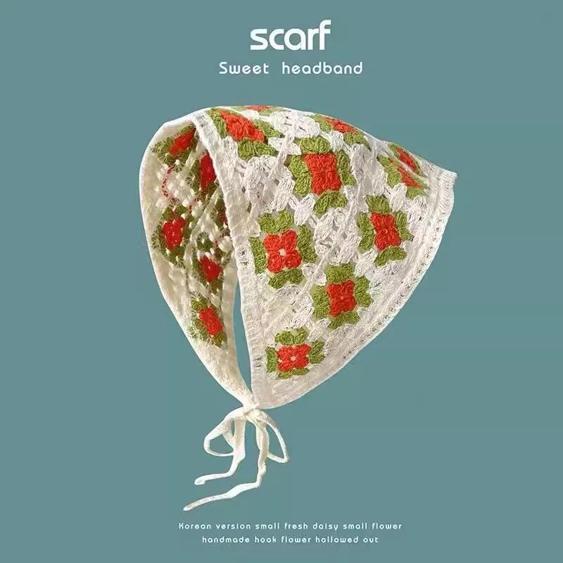 Spring & Autumn Korean Crochet Triangle Scarf & Hairband - Cute Floral Style for Women & Girls