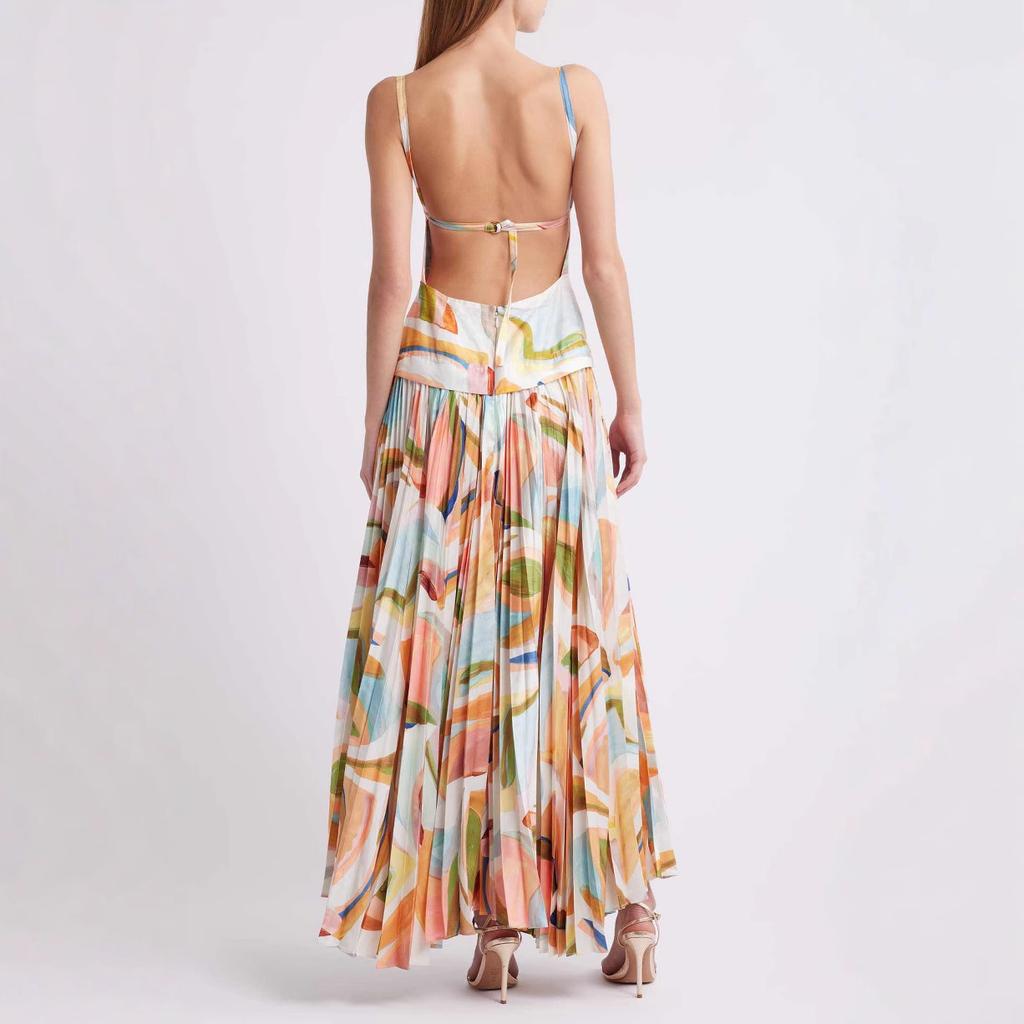 Women Summer Strap Backless Bandage Printed One Piece Dress