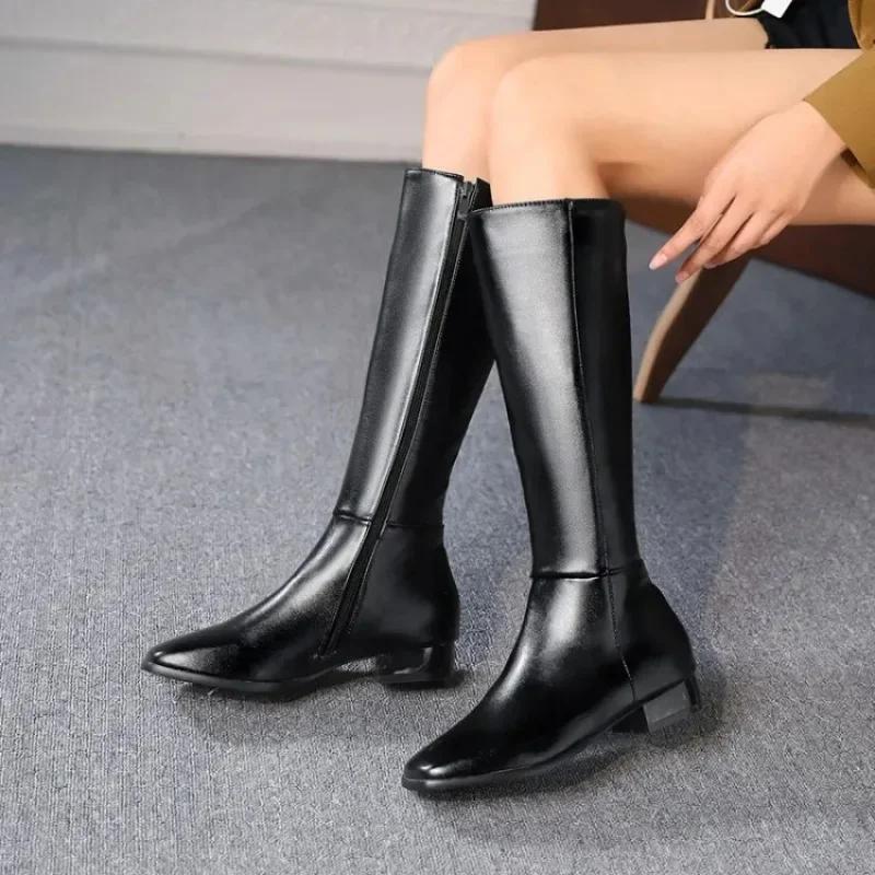 Women's Square Head High Tube Boots  Autumn Winter New Fashion White Simple And Versatile Square Root Side Zipper Boots