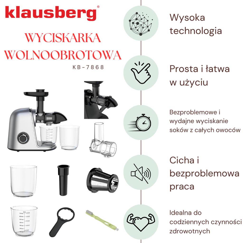 Sokowirówka Wolnoobrotowa 150W Do Owoców I Warzyw COLD PRESS KLAUSBERG KB-7868