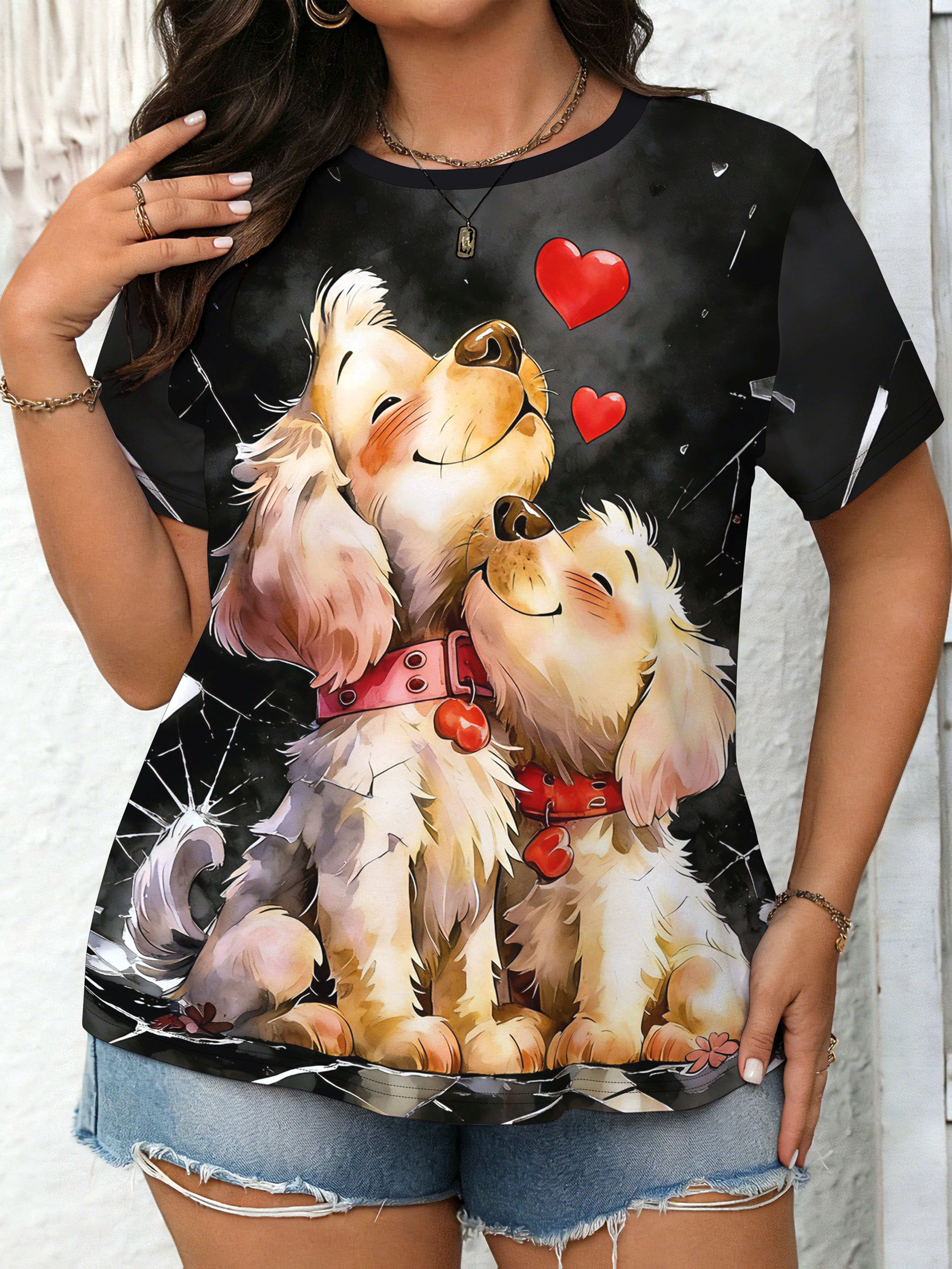 

A Women S T-Shirt in S Featuring Adorable Dog And Heart Designs. Embodying a Charming And Soothing Style. It Has a Round Neckline. Short Sleeves. And 3XL дубильна кора