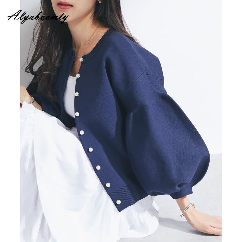 Korean Ulzzang Autumn Winter Women Sweater Blue Pink Black Apricot Knitting Cardigan Knitted Lantern Sleeve Stylish Outerwear