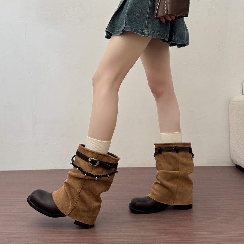 Autumn and winter knight boots handsome versatile retro style belt buckle medium and short boots and new locomotive boots pile boots women