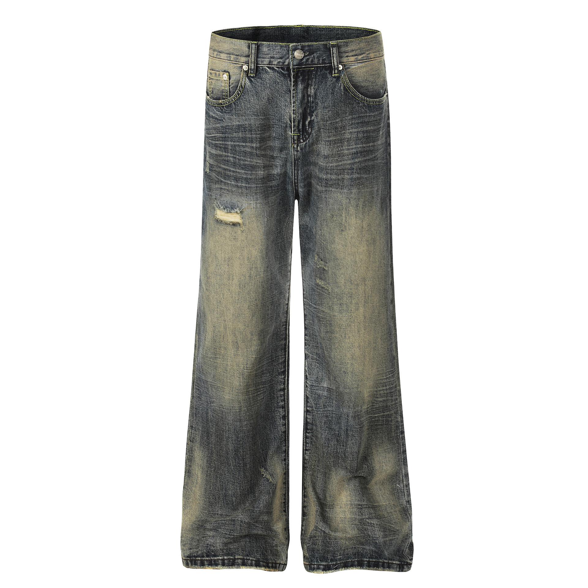 Western, American, vintage washed ruined jeans, personalized cleanfit casual pants for men S