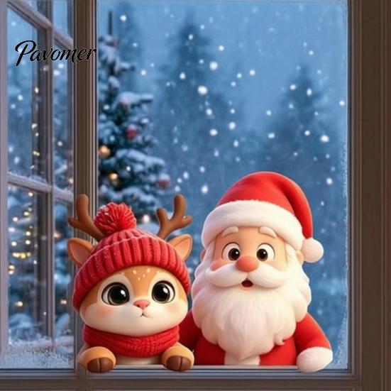 Holiday Glass Stickers Santa Claus Reindeer Window Cling, Christmas Static Sticker Decals for Party, Removable Reusable Decoration Decal Bathroom