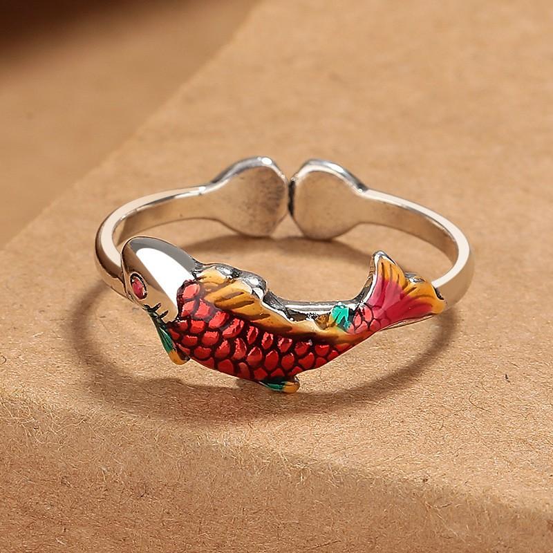 Adjustable Open Ring Women Men Vintage Koi Fish Design Copper Statement Jewelry Retro Boho Style