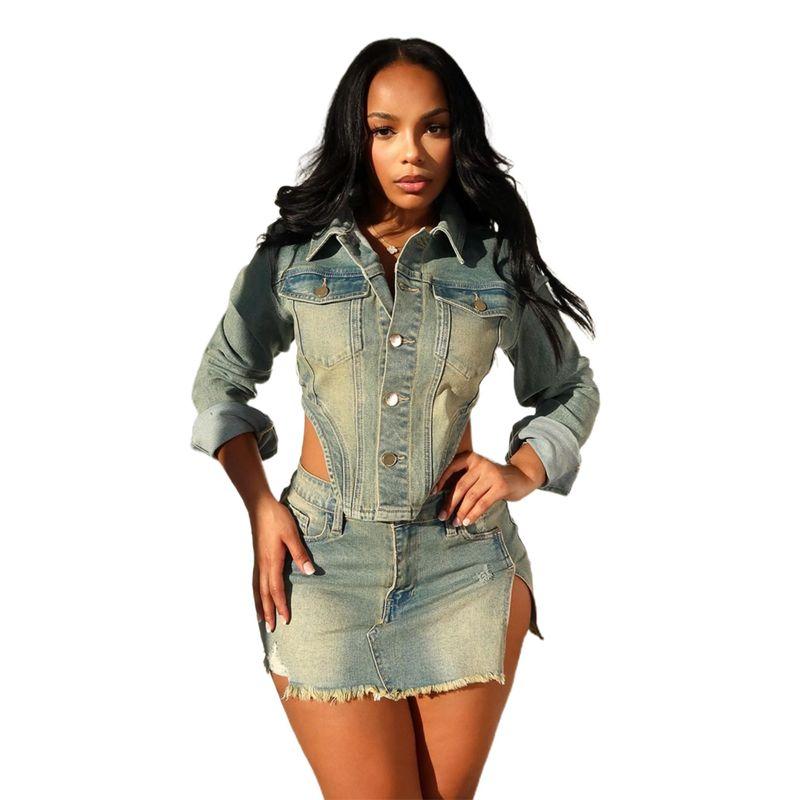 Spring 2024 New Denim Skirt Set European and American Leisure Stretch Denim Denim Set