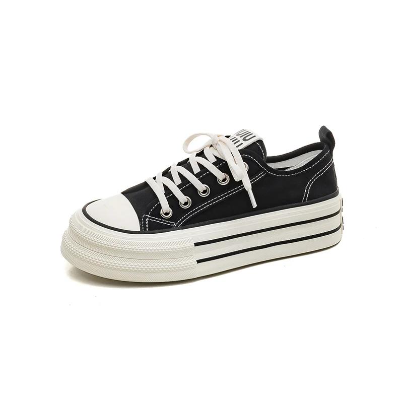 Fashion Women's Canvas Sneakers Thick Bottom Casual Sports Shoes Round Toe Lace-Up White Shoes Good Matching Platform Shoes