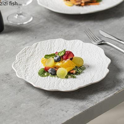 Stone Pattern Ceramic Flower Shaped Plate Solid Color Shallow Plate Steak Plate Dessert Plates Salad Plates Creative Tableware