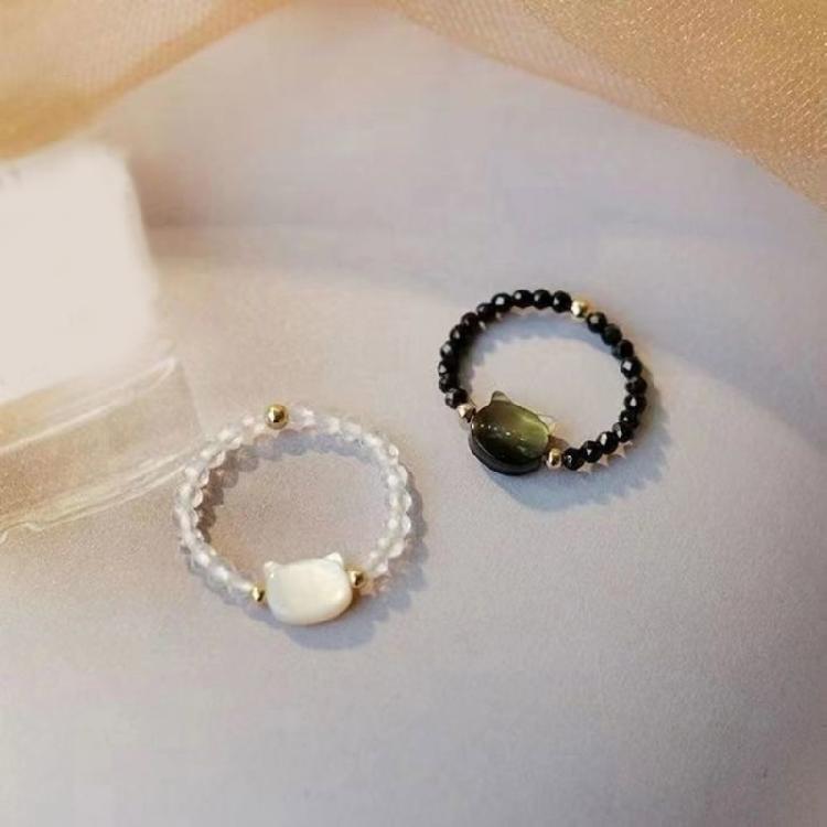 2pcs Miniature Black White Cats Rings Natural Moonstone Obsidian Rings Party Accessories Jewelry for Everyday Wear
