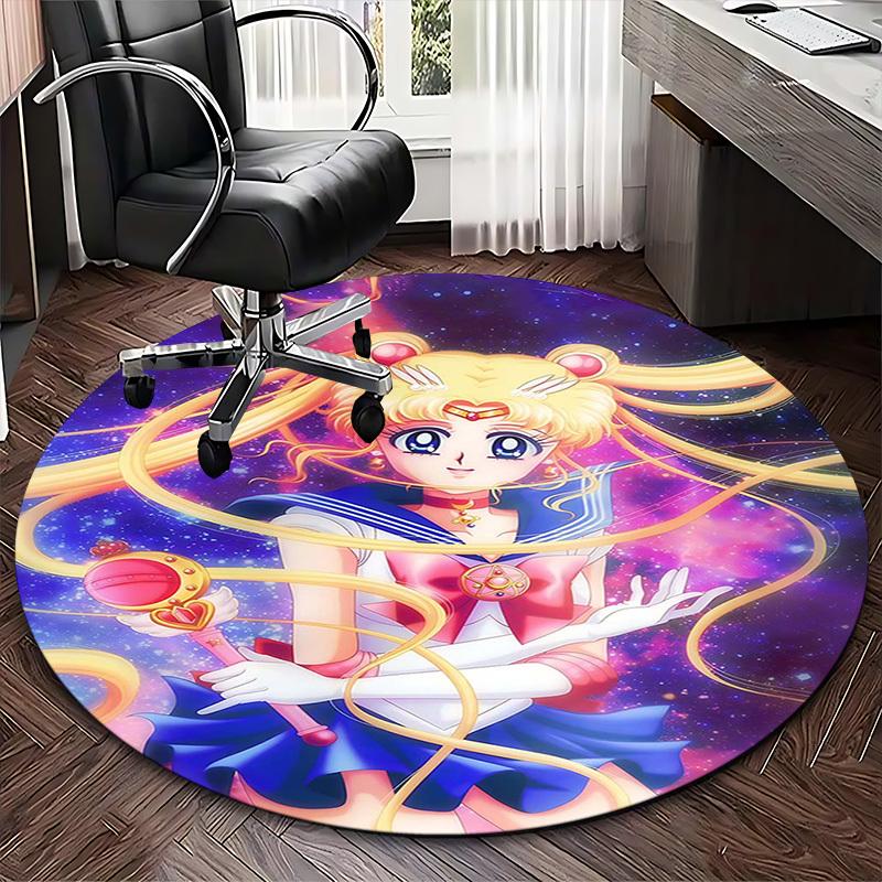 1pc Anime Sailor Moon Round Carpet Office Chair Mat, NonSlip Rug for Home Decor, Living Room, Bedroom, Game Room