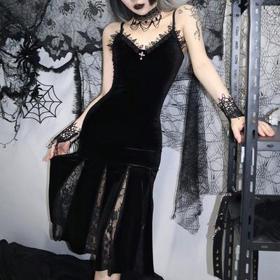 Women Halloween Cosplay Dress V Neck Lace V Neck Spaghetti Strap Fishtail Hem Dark Style Gothic Medieval Vintage Sleeveless Performance Stage