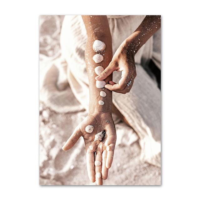 Liść palmowy różowy odcień złote drzwi muszla plażowa Nordic plakat ścienny na płótnie malarstwo ścienne drukowany obraz na wystrój salonu nieoprawione