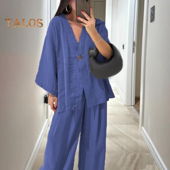 Conjunto holgado de dos piezas para mujer Camisas de manga larga con cuello en V y un botón Conjunto de pantalones de cintura alta Conjunto casual para estar en casa