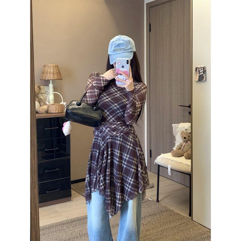 Kumikumi High Sense Retro Temperament Plaid Long sleeve dress Women Early Autumn Irregular Waist Hugging Slimming Short dress