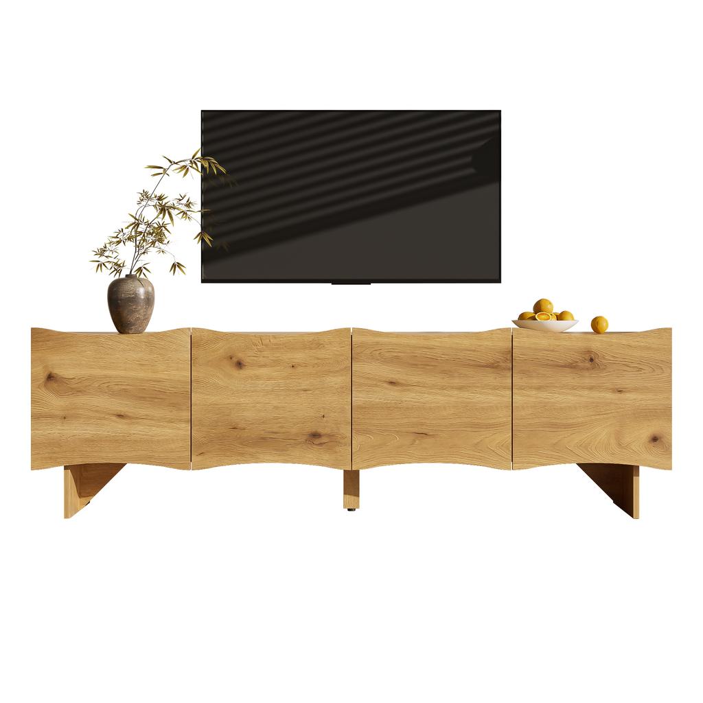 Modern TV cabinet with wave pattern – 155 cm media console with storage space, four doors and cable grommets in wood look, for the living room
