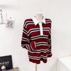 Mizqz Hailey Collar Half Open Stripe Color Ribbed Loose Fit Knit