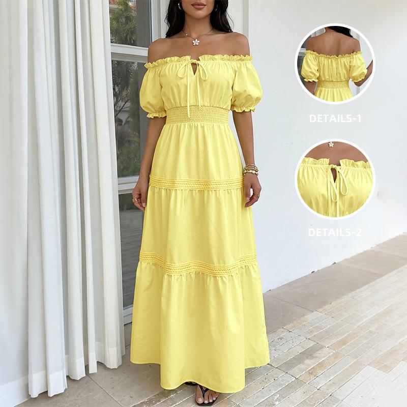 European and American Fresh and Sweet Long Dress One-word Shoulder Bubble Sleeve Princess Dress A Pendulum Holiday Style Dress Women