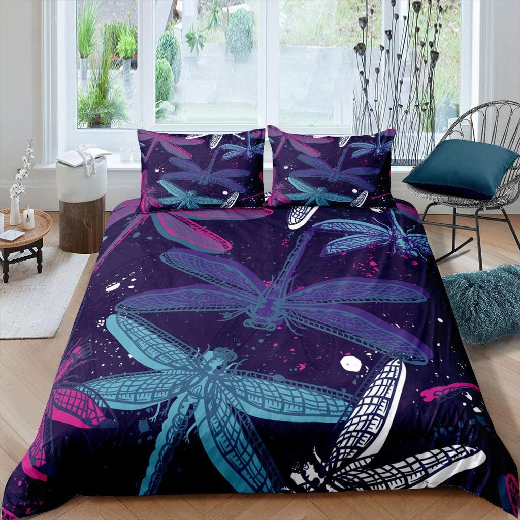 Dragonfly Duvet Cover Set King Queen Full Size Polyester Comforter Cover Watercolour Style For Kids Teens Adults With Pillowcase