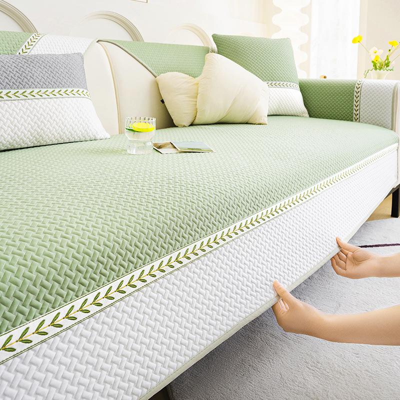 New Ice Silk Sofa Cover Summer Color Blocked Jacquard Sofa Cushion Solid Color Non-Slip Living Room Sofa Cover Protective Cover