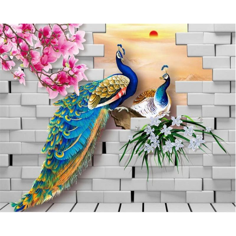 Tapet 3d Păun Magnolia Fototapet Cărămidă Decorare Casă Living Dormitor Tapet 3d