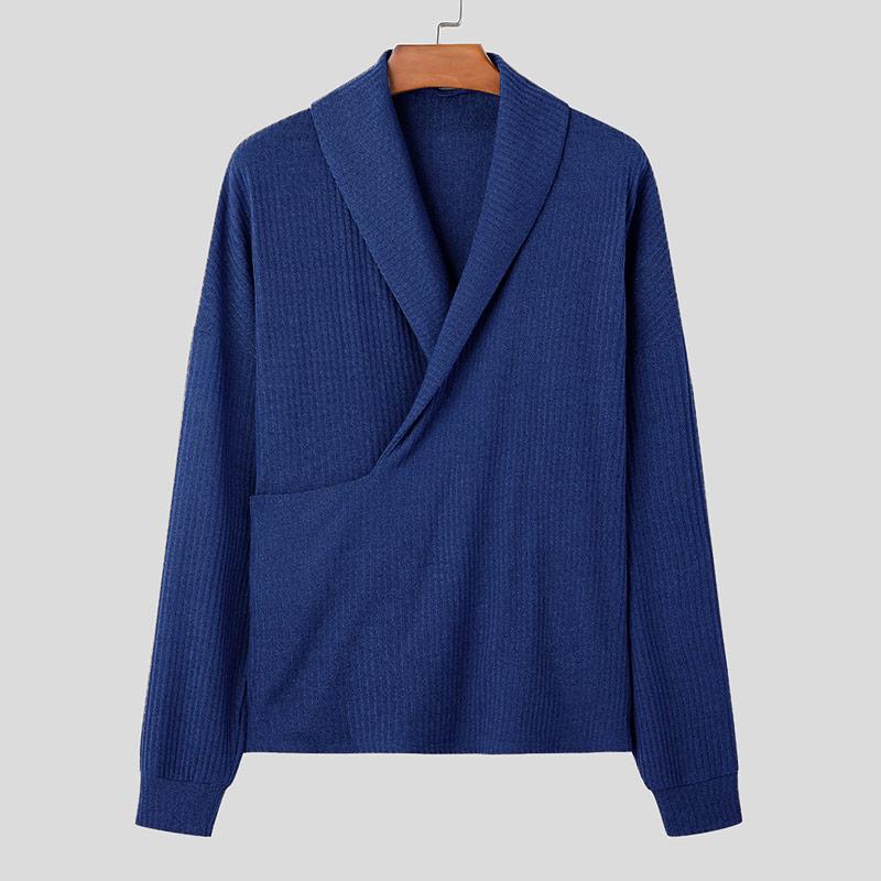 

INCERUN Осенние мужские свитера с воротником-лацканами и длинным рукавом, открытые спереди, повседневные свободные пуловеры M синий