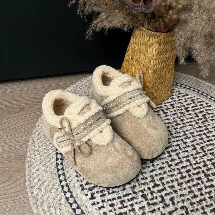 Schleife dicke Sohle Innenhöhe-erhöhend Birkenstocks Baumwollschuhe Damen Samt warmes Oberteil flauschige Mary-Jane-Schuhe