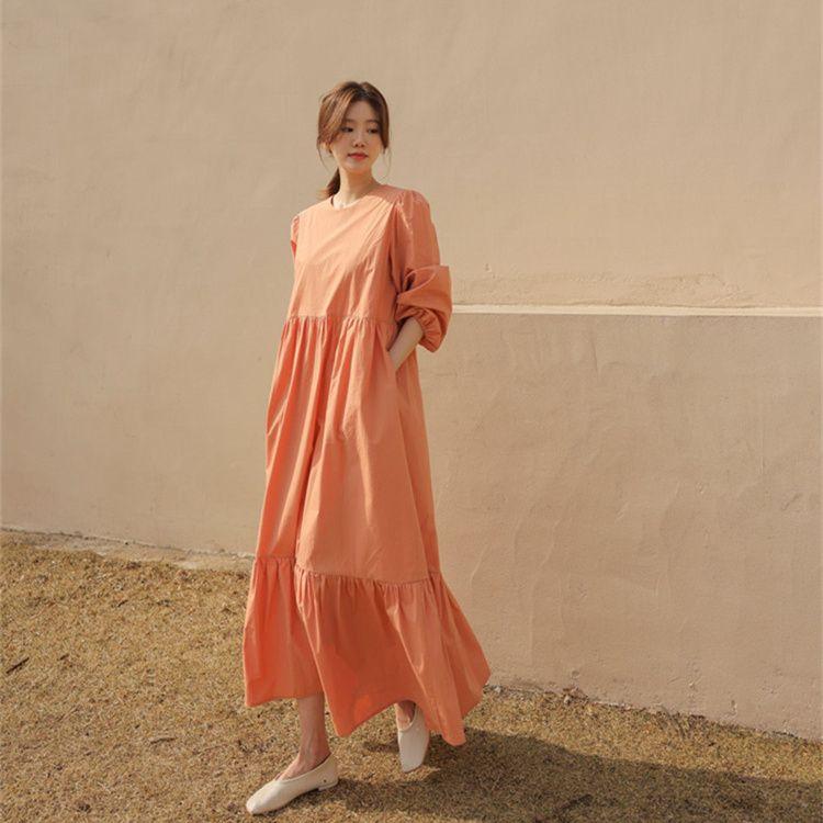 Lantern Sleeve Ruffled Long Sleeve Dress Spring Autumn Loose Fit Tummy-Hiding Slimming Maxi Dress