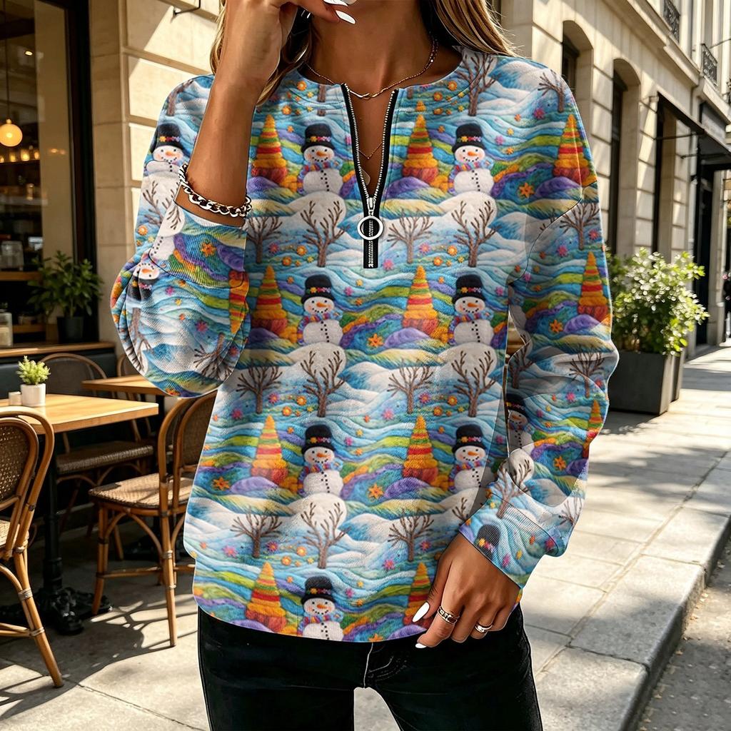 Women's V-Neck Half Zip Long Sleeve Pullover with Small Heart Print, Zipper Pull and Cuffed Sleeves