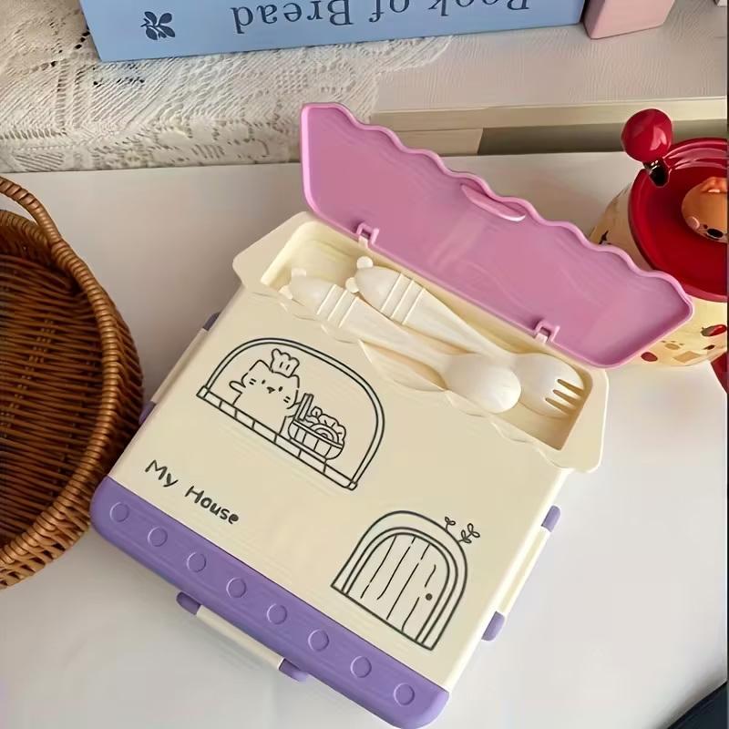 1 Piece Adult Lunchbox With 4 Compartments - Microwave Safe, Leak-proof, Includes Cutlery (spoon, Fork), Portable Cutlery