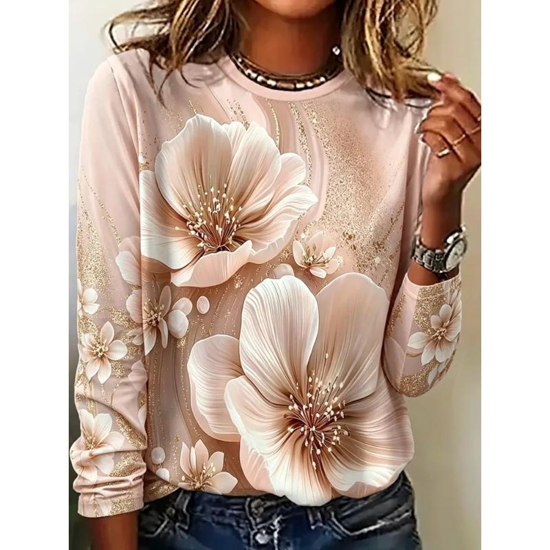 Autumn and Winter Women's Flower 3D Printed Crew Neck Long Sleeve T-Shirt