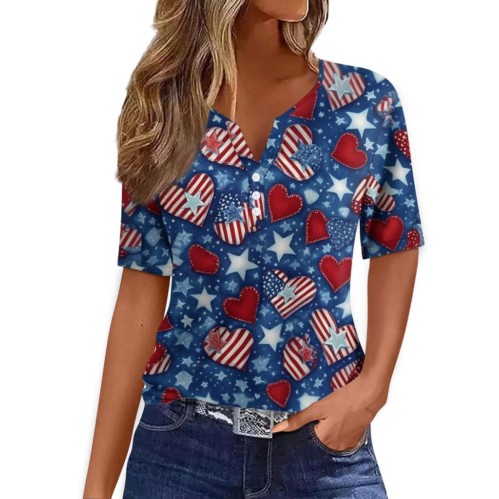 Women's T Shirt Tee Print Button Short Sleeve Daily Weekend Fashion Basic V- Neck Regular Top