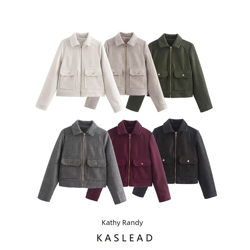 Kaslead New Arrival Women's Clothing Fashion Style Stylish Simple and Versatile Soft Woolen with Pocket Zipper Outwear