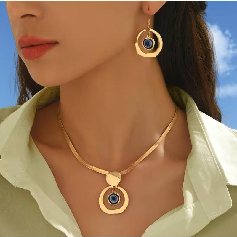 Geometric Hollow Round Turkey Blue Eyes Pendant Necklace Earrings Set Flat Snake Chain Foreign Trade