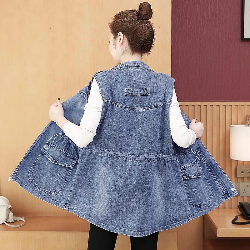 Veste Gilet en Denim Décontracté Coupe Ample pour Femmes Couleur Unie Tempérament, Vêtement d'Extérieur Mi-Long Style Rétro