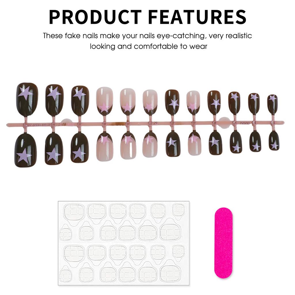 24Pcs Brown French Tip Short Oval Press On Nails Y2K Pink Star Pattern Full Cover Fake Nails For Women