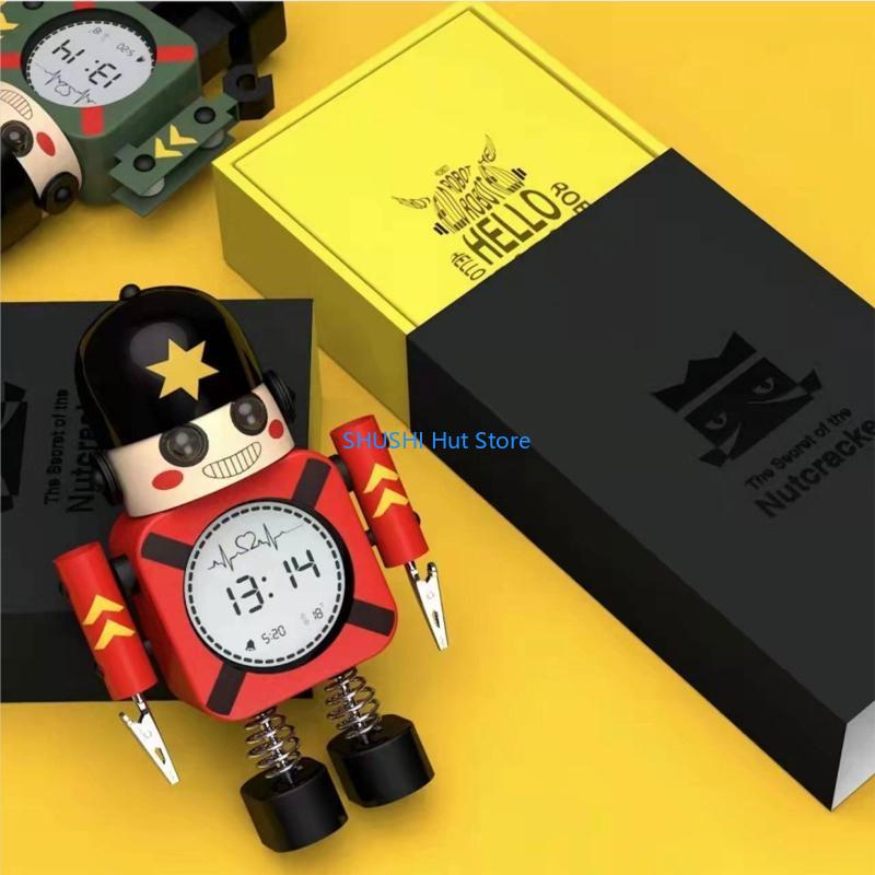 Cartoon Robot Alarm Clock Metal Wake-up Clocks with Flashing Eye Lights Desktop Ornament Children Christmas Gift D57B