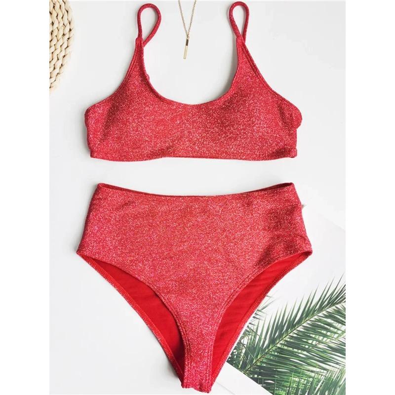 

2025 Блестящий Сверкающий Женский Купальник Бикини с Завышенной Талией Женская Купальная Одежда Комплект Бикини из Двух Предметов Купальник Бандо с Рюшами Купальный L