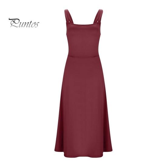 Summer Midi Dress Square Neck Sleeveless A-line Flowy Hem Backless Pure Color High Waist OL Commuting Dating Prom Party Midi Dress