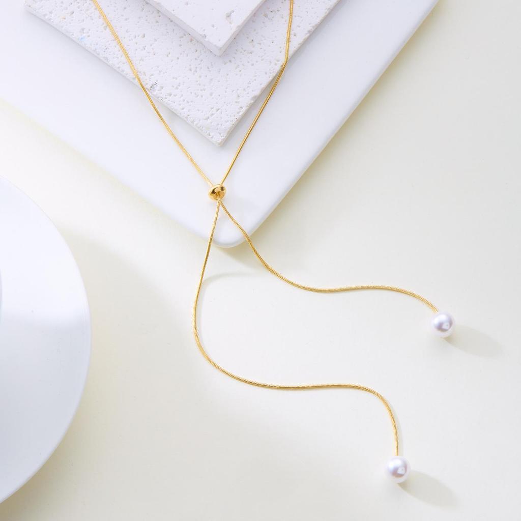 Halskette mit langen Quasten und Perlen im koreanischen Stil mit verstellbarer Schlüsselbeinkette