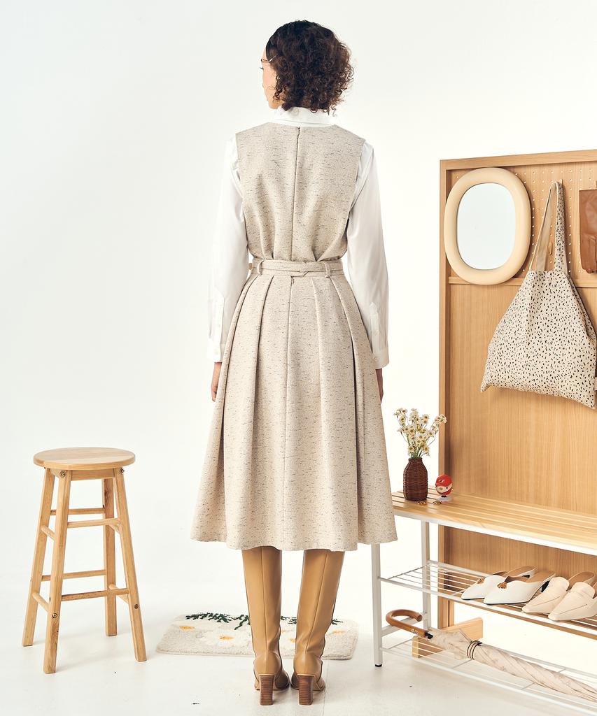 Pelimela Twill Two-Piece Long Dress Belt Set (Beige)