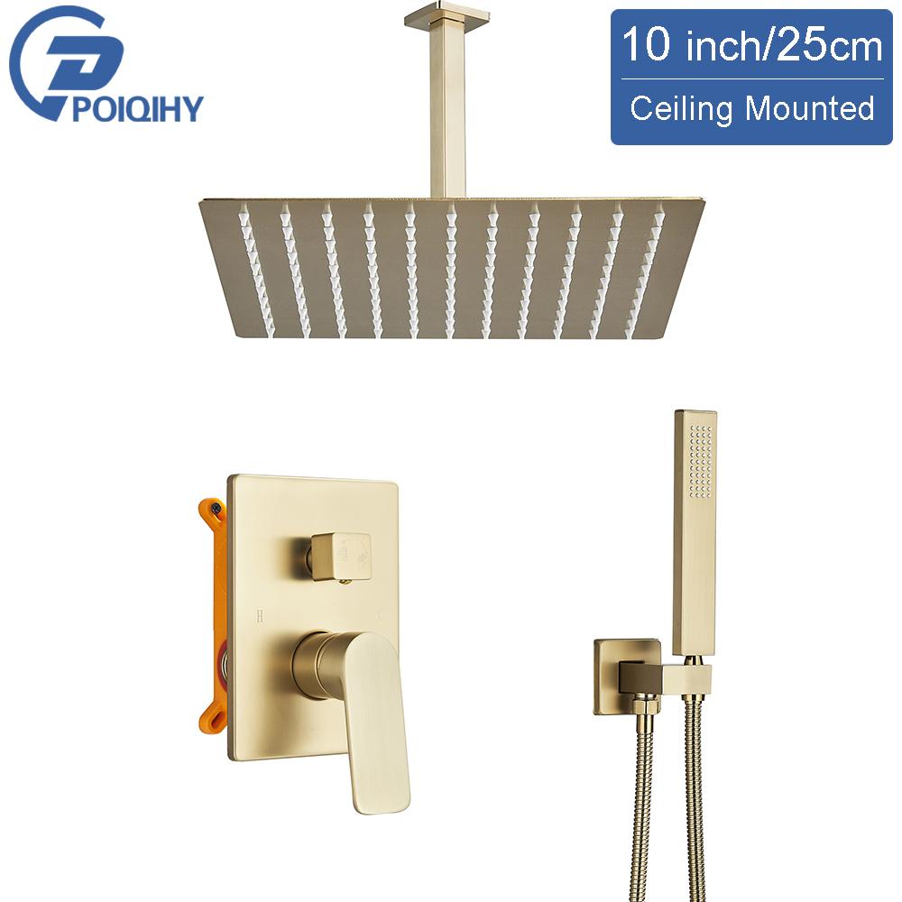 POIQIHY Brushed Golden Shower Faucets Wall Mount Concealed Shower Set Rainfall Bath Shower Mixers 2 Ways Bathroom Mixer Tap